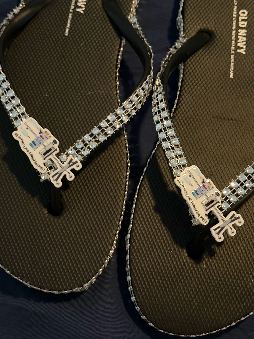 Medical Black Jeweled Thong Sandals with Silver Accents